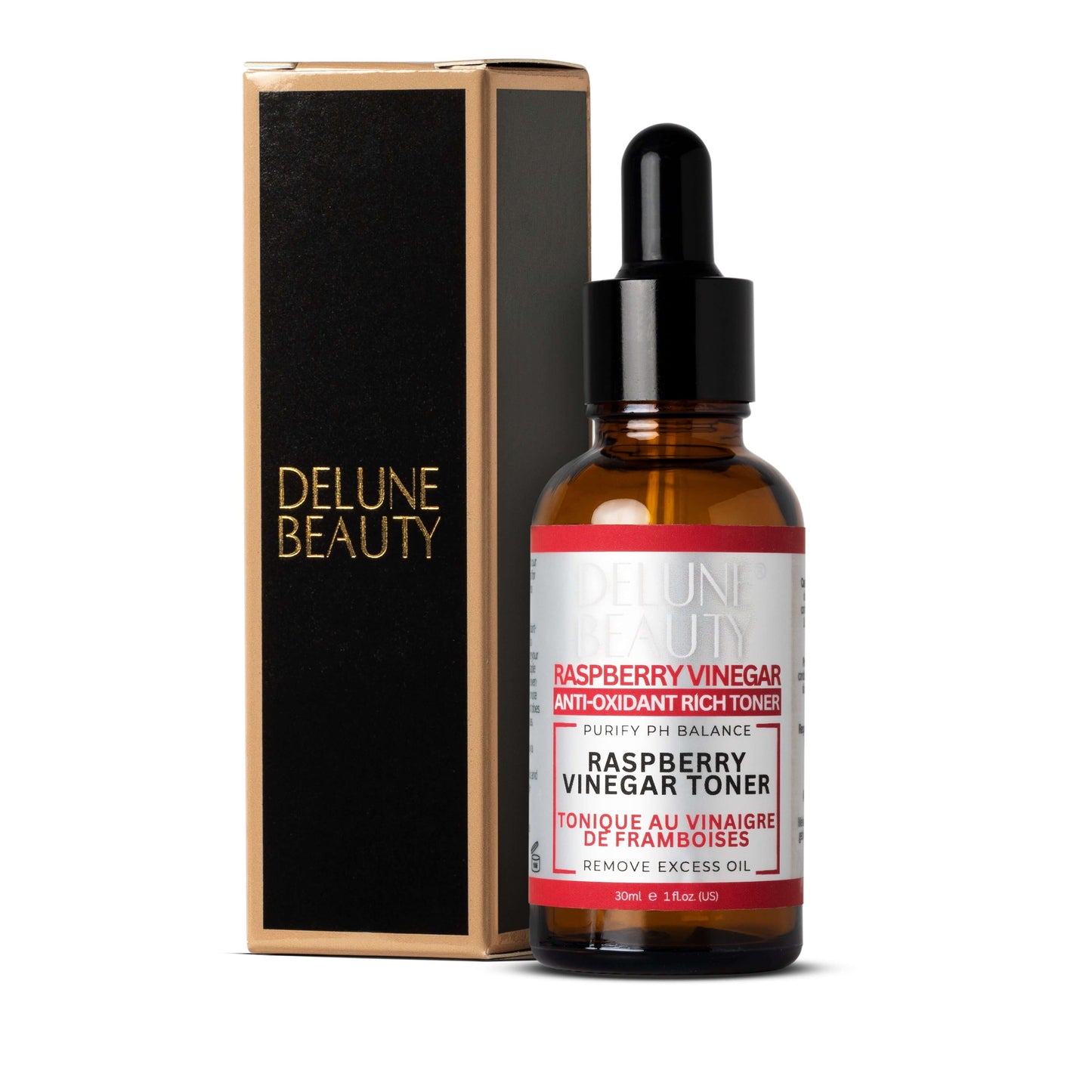 Delune Raspberry Vinegar Toner bottle and packaging, natural skincare for oily, blemish-prone skin, 30ml size.