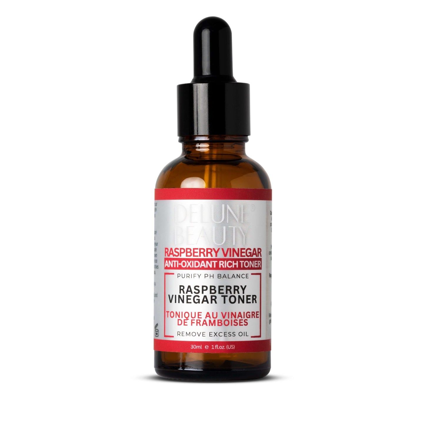 Delune Raspberry Vinegar Toner bottle for oily and blemish-prone skin, promoting pH balance and skin clarity.