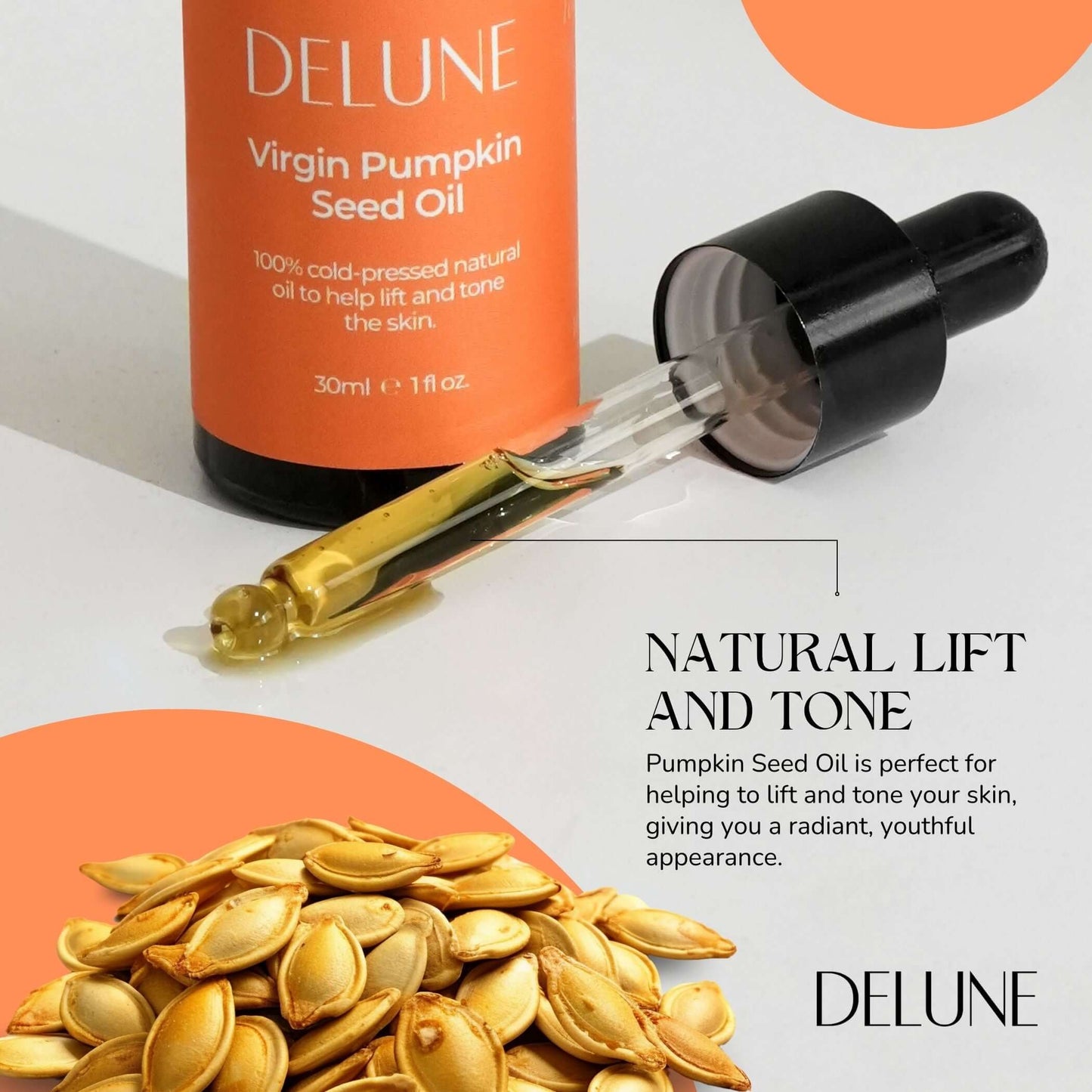 Delune Virgin Pumpkin Seed Oil bottle with dropper and pumpkin seeds, promotes radiant skin and luscious hair with natural lift and tone.