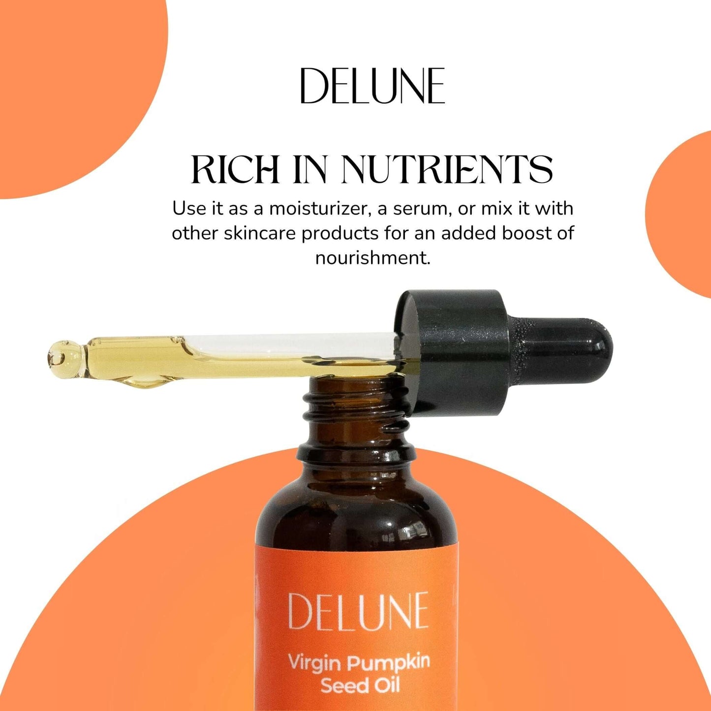 Delune Virgin Pumpkin Seed Oil bottle and dropper for skin and hair nourishment