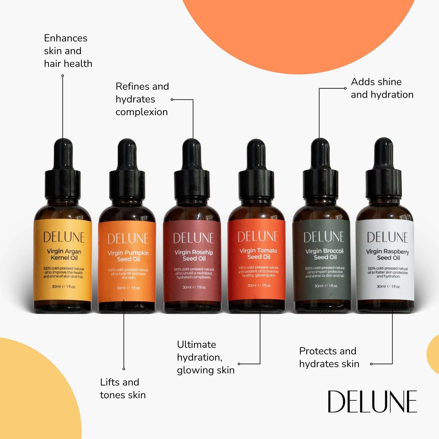 Alt Tag: Delune Virgin Seed Oils product lineup featuring Virgin Raspberry Seed Oil for skin protection and hydration.
