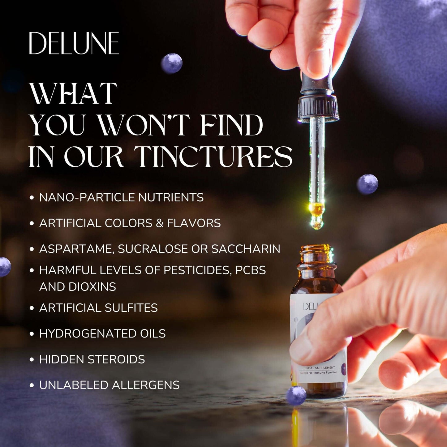 Dropping tincture into bottle with list of excluded harmful ingredients, emphasizing purity and safety of the product.