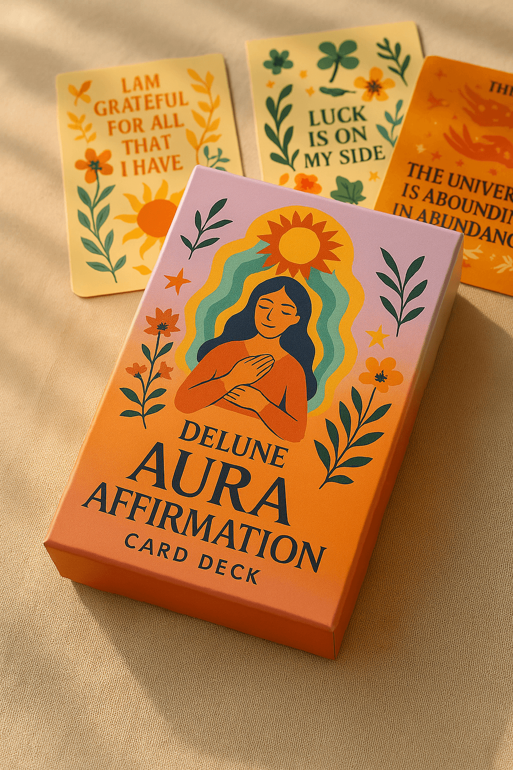 Aura Affirmation Card Deck with vibrant, colorful designs promoting mindfulness and positivity under warm lighting.
