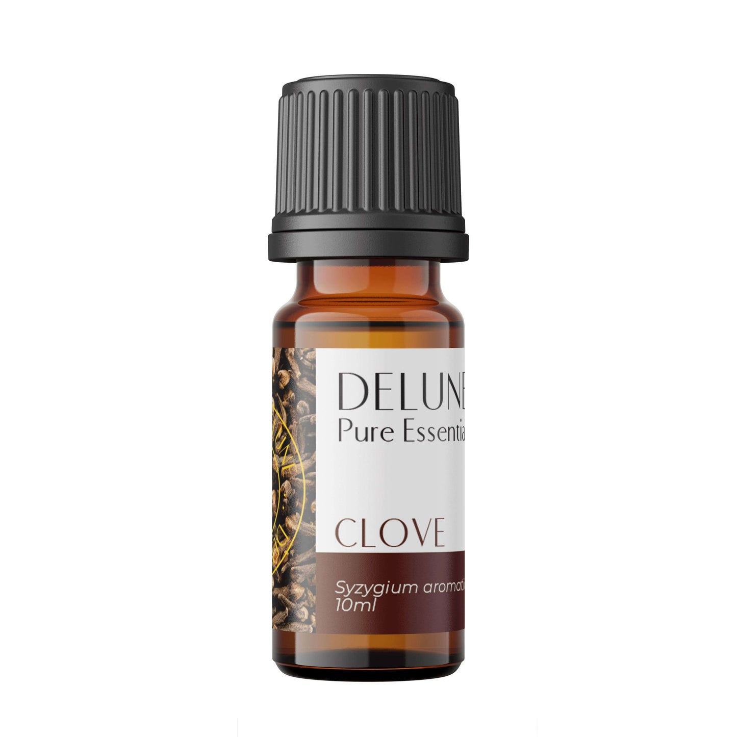 Clove Pure Essential Oil bottle with warming, spicy aroma for cleansing and soothing; ideal for holiday diffusion and cleaning.