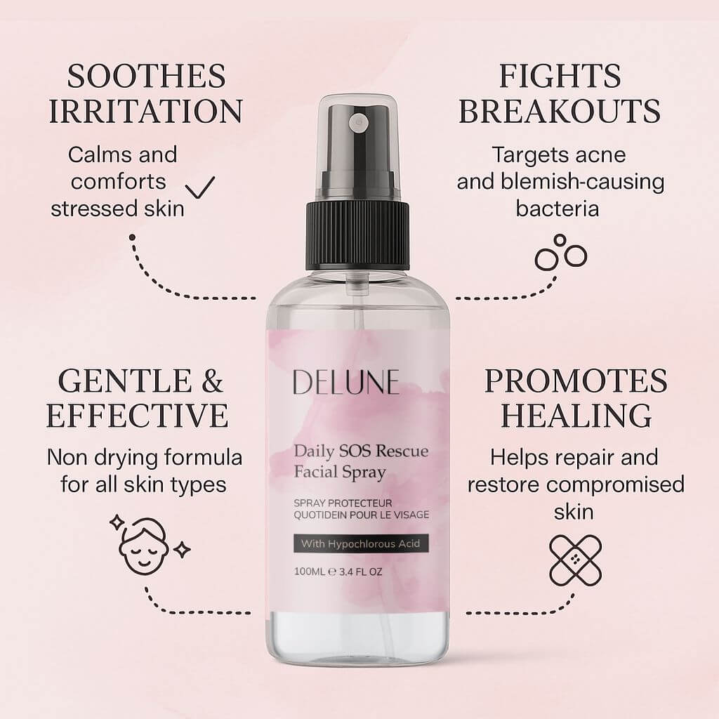 Daily SOS Rescue Facial Spray with hypochlorous acid for soothing, antibacterial skincare. Gentle, effective, pH-balanced mist. 100ml bottle.