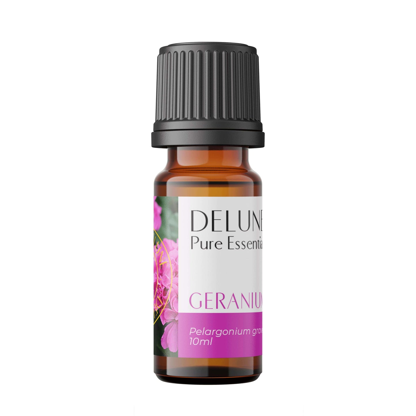 Geranium Pure Essential Oil 10ml bottle, promoting emotional wellness, floral aroma, healthy skin benefits, Delune label visible.