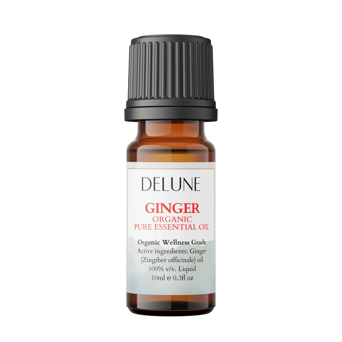 Bottle of Ginger Organic Wellness Grade Essential Oil, 100% Zingiber officinale, 10ml, promoting vitality and energy with spicy aroma.