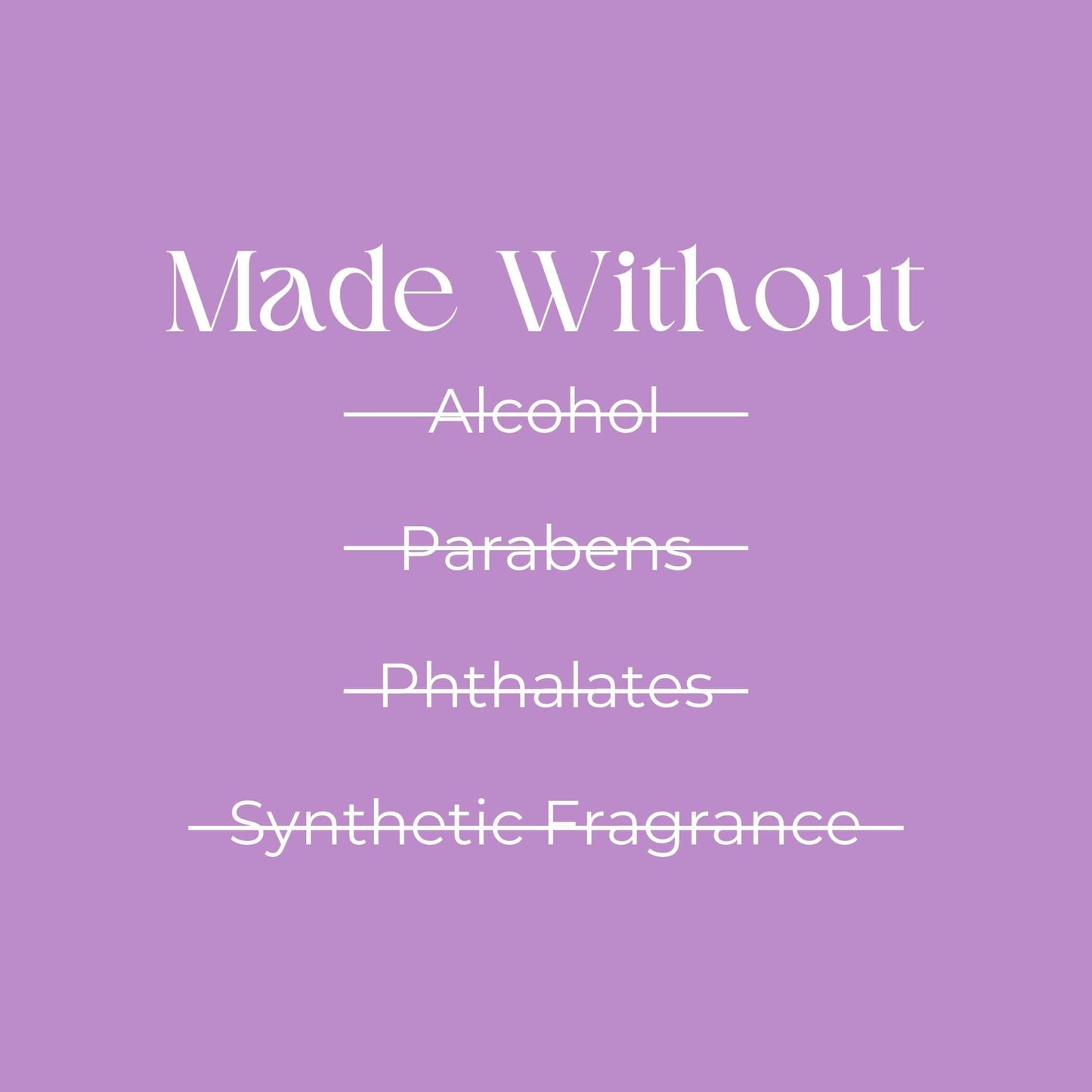 Pure lavender body oil, free of alcohol, parabens, phthalates, and synthetic fragrance, on a calming lavender background.