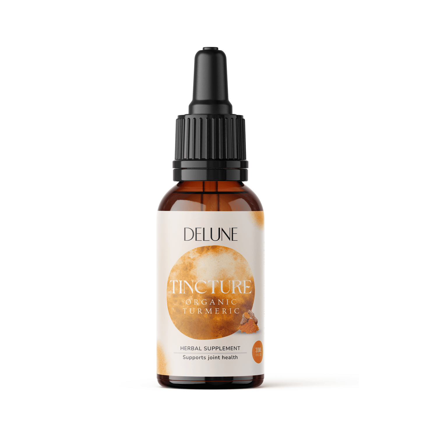 Organic Turmeric Herbal Tincture bottle for joint health and vitality; supports wellness with Ayurvedic golden root extract.