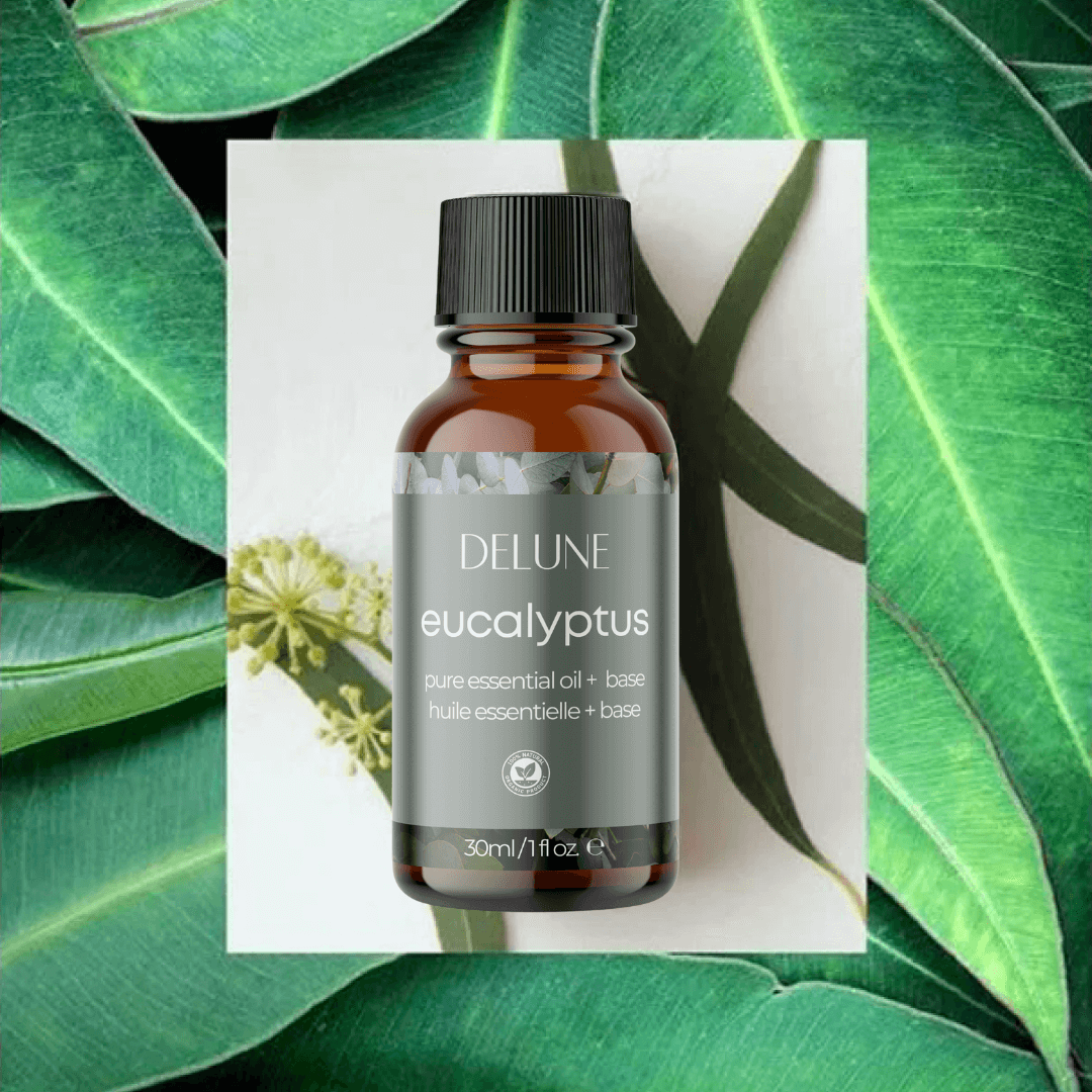 Eucalyptus Essential Oil Bottle with Fresh Leaves Background