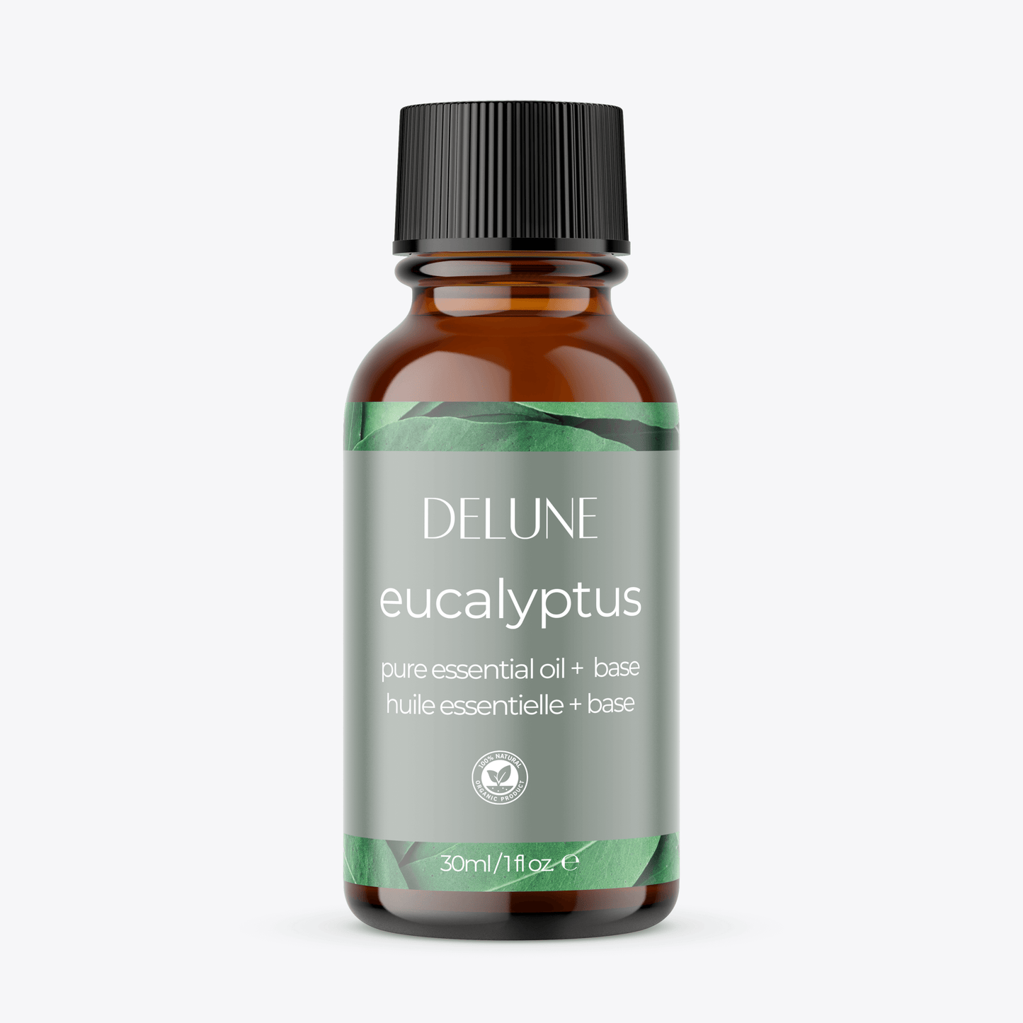 Bottle of Delune Eucalyptus Essential Oil Base, 30ml, for body and bath use, featuring a refreshing herbal aroma with menthol undertones.