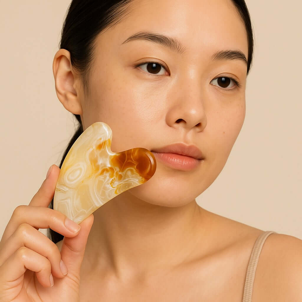 Woman using Citrine Gua Sha facial tool to promote radiant skin and enhance circulation for an invigorated complexion.