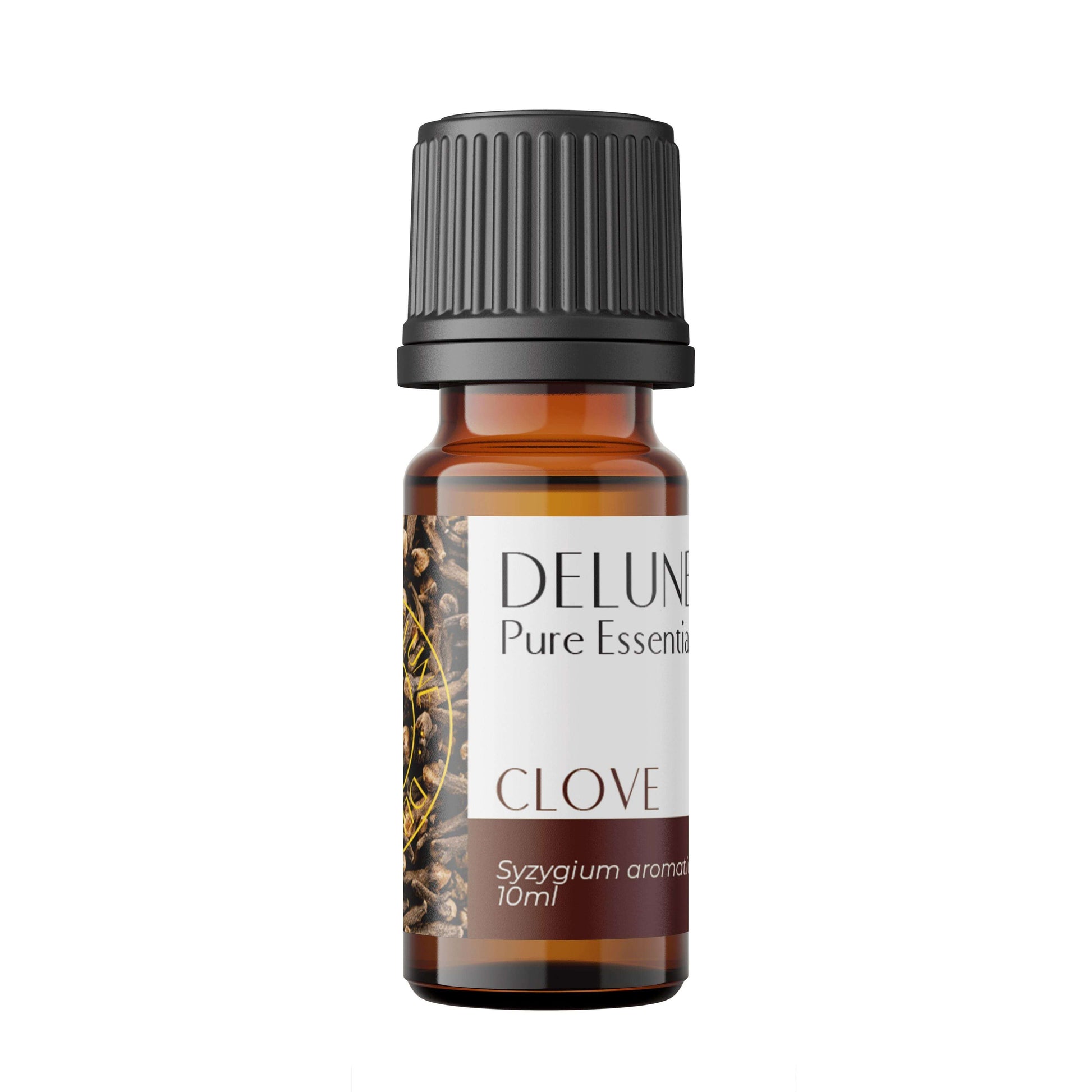 Clove Pure Essential Oil bottle with warming, spicy aroma for cleansing and soothing; ideal for holiday diffusion and cleaning.