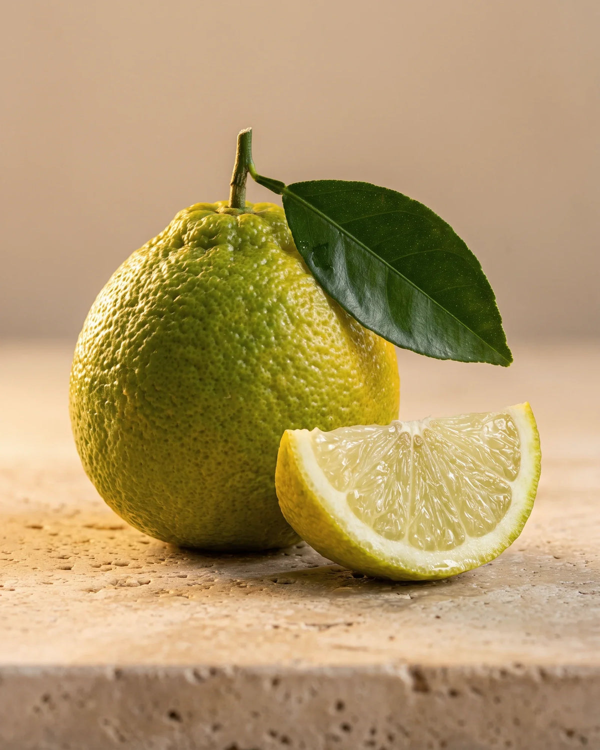 A whole bergamot with its leaf beside a juicy cut wedge on warm travertine — the bright, floral citrus scent of Delune Bergamot Pure Essential Oil