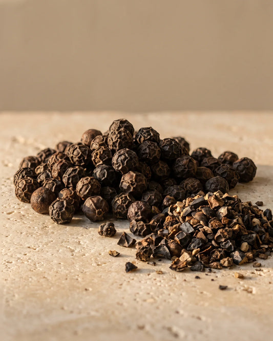 Whole and cracked black peppercorns in raking warm light — the sharp, warm spicy scent of Delune Black Pepper Pure Essential Oil