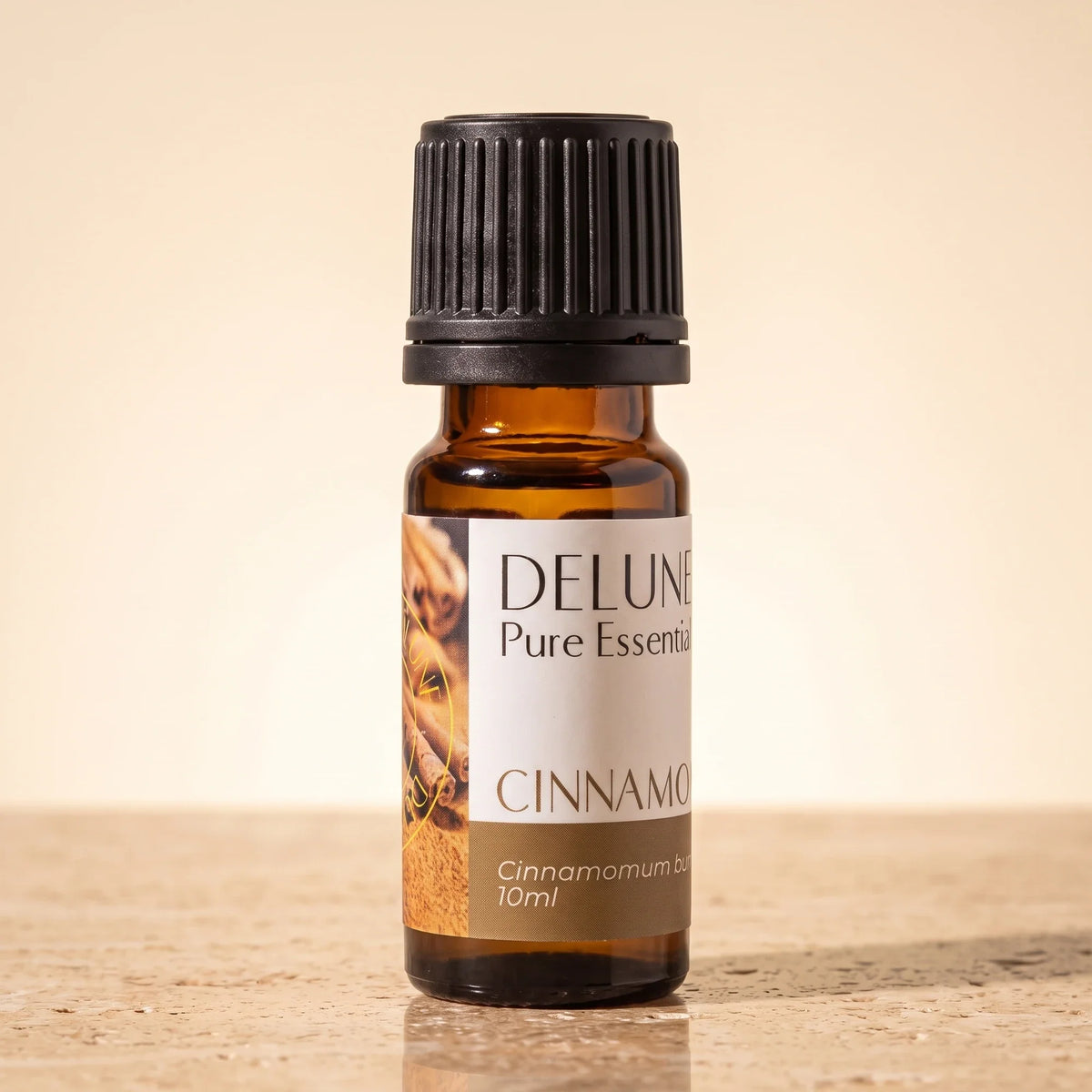 Delune Cinnamon Pure Essential Oil, 10ml amber glass bottle on warm travertine stone