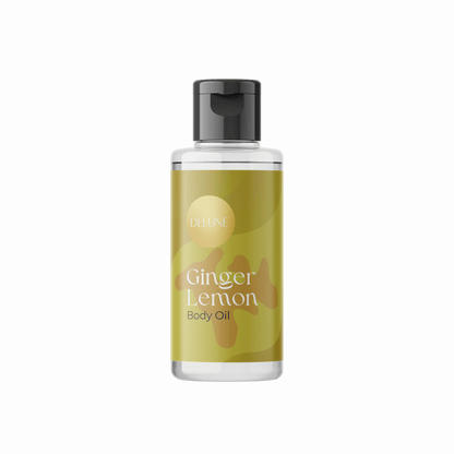Delune Ginger Lemon Body Oil bottle with invigorating lemon and ginger scent, rejuvenates skin and boosts energy levels.