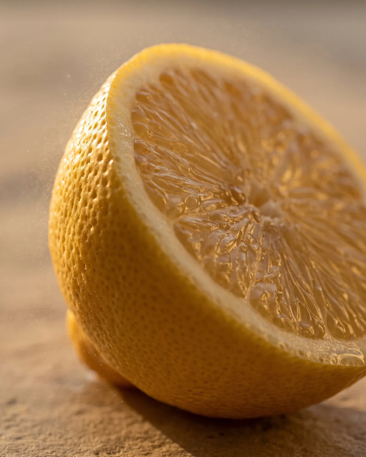 Macro of a freshly halved lemon, its juicy flesh glowing in warm low sunlight on bone travertine — the fresh, bright scent of Delune Lemon Pure Essential Oil