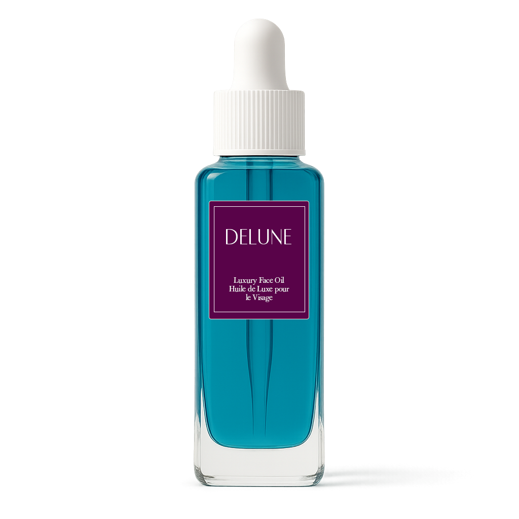 Delune Plum & Blue Tansy Luxury Face Oil bottle with dropper lid, rich in antioxidants and Omegas, promoting radiant, even skin.