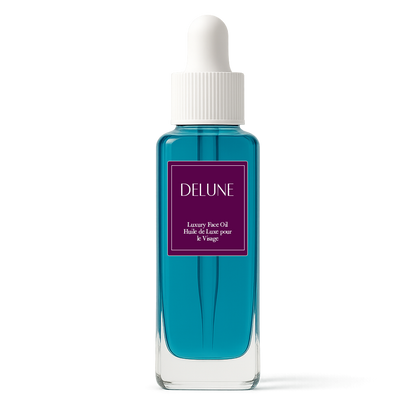 Delune Plum & Blue Tansy Luxury Face Oil bottle with dropper lid, rich in antioxidants and Omegas, promoting radiant, even skin.