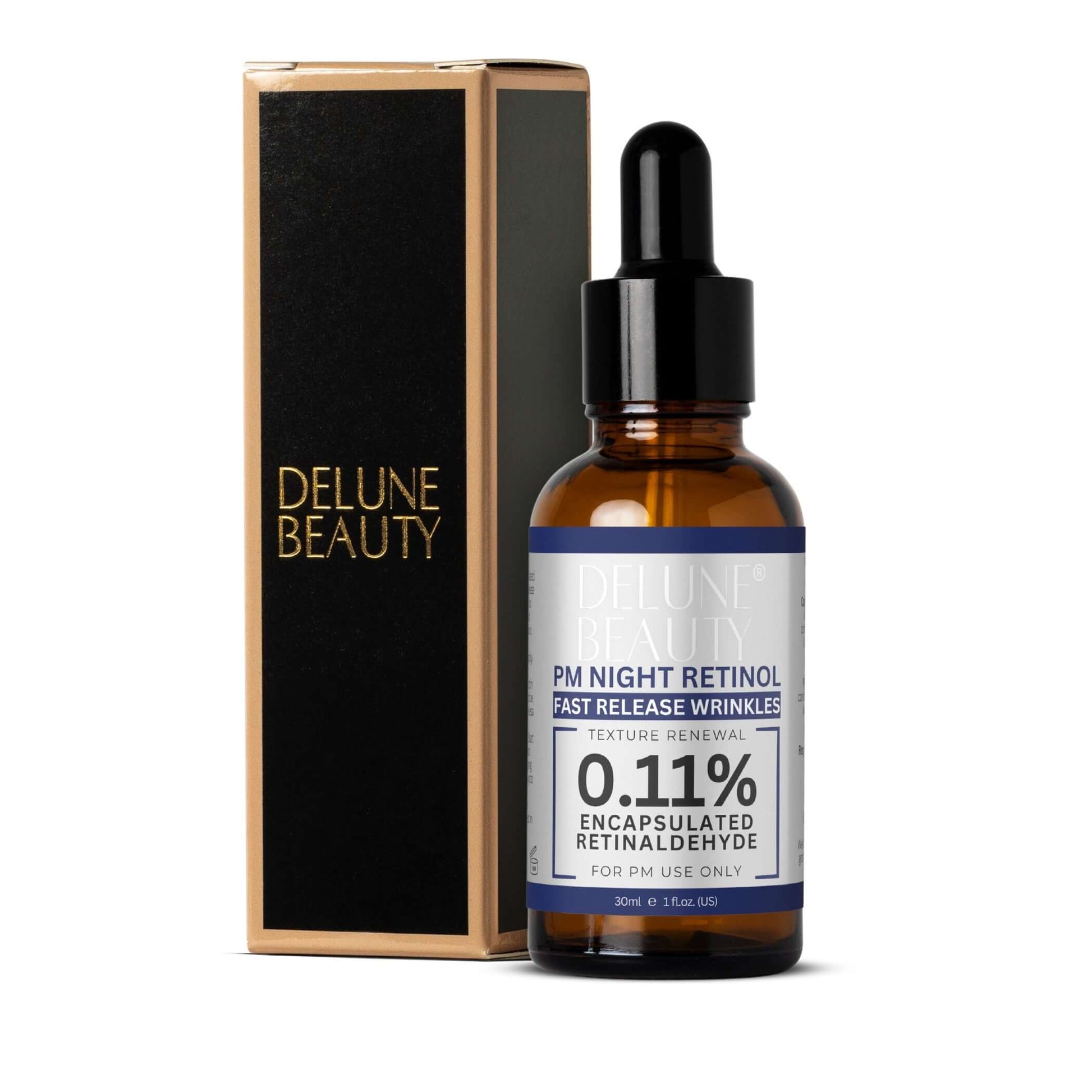 Delune Beauty PM Night Retinol Power Serum with 0.11% encapsulated retinaldehyde for reducing wrinkles and improving skin texture.