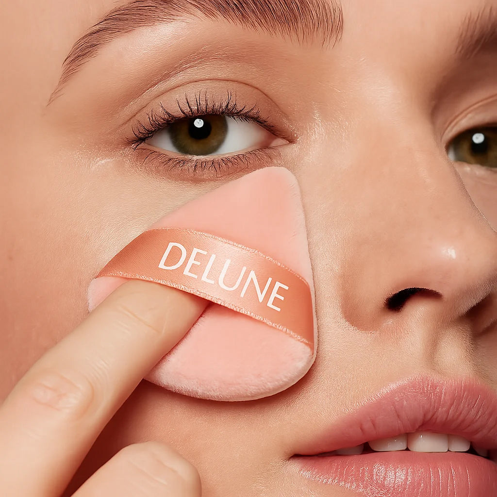 Tear-shaped soft-touch powder puff in use, applying pressed powder for a smooth finish on facial skin.