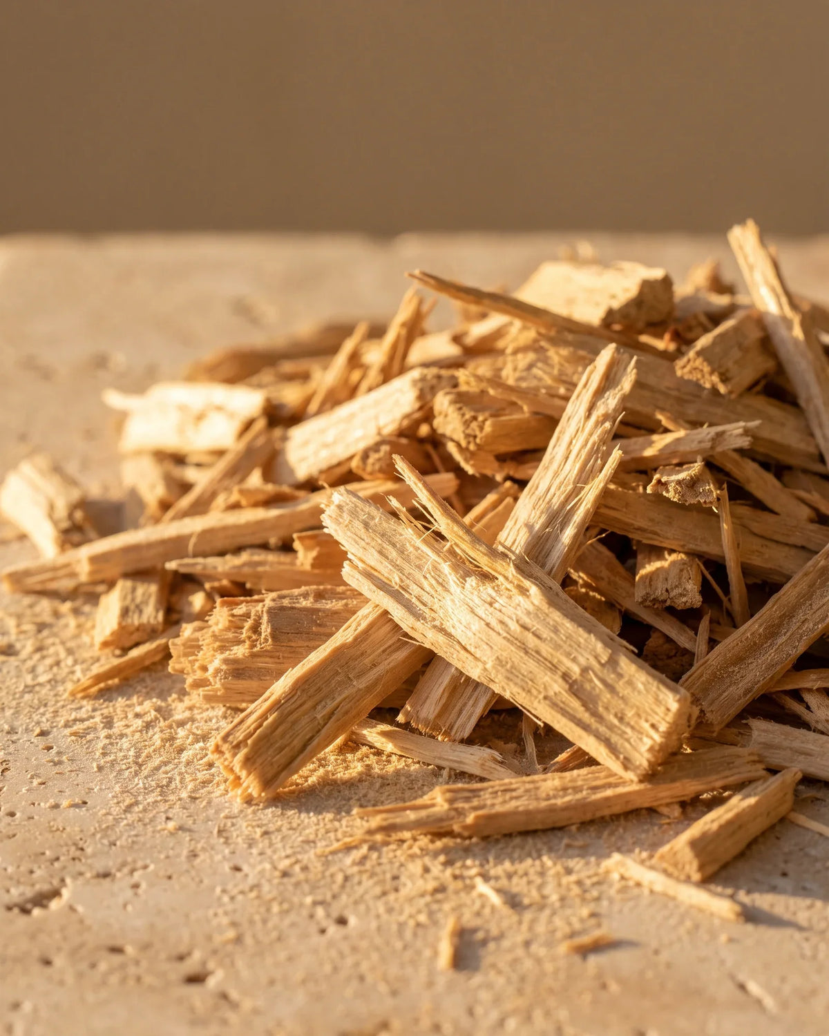 Raw golden sandalwood chips and powder in raking warm light — the creamy, woody scent of Delune Sandalwood Pure Essential Oil