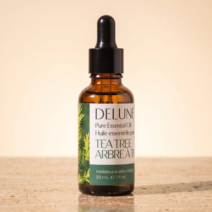 Delune Tea Tree Pure Essential Oil, 30ml amber glass dropper bottle on warm travertine stone