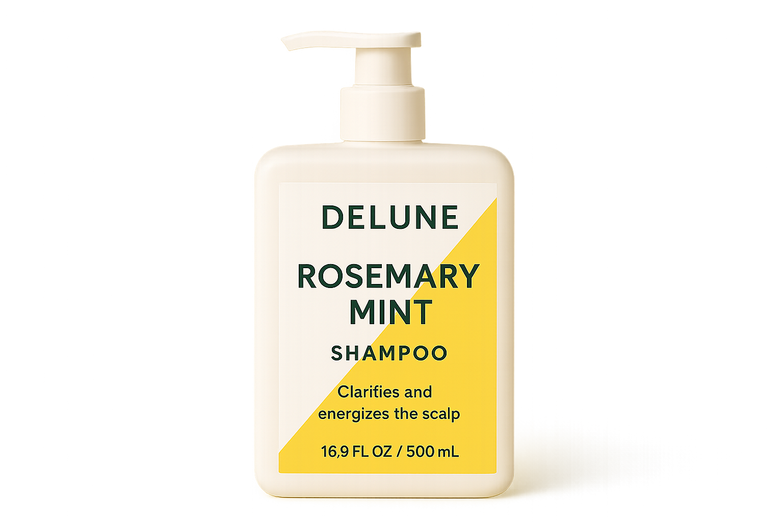 Rosemary Mint Shampoo bottle by Delune, 16.9 FL OZ, for clarifying and energizing the scalp with rosemary and peppermint.