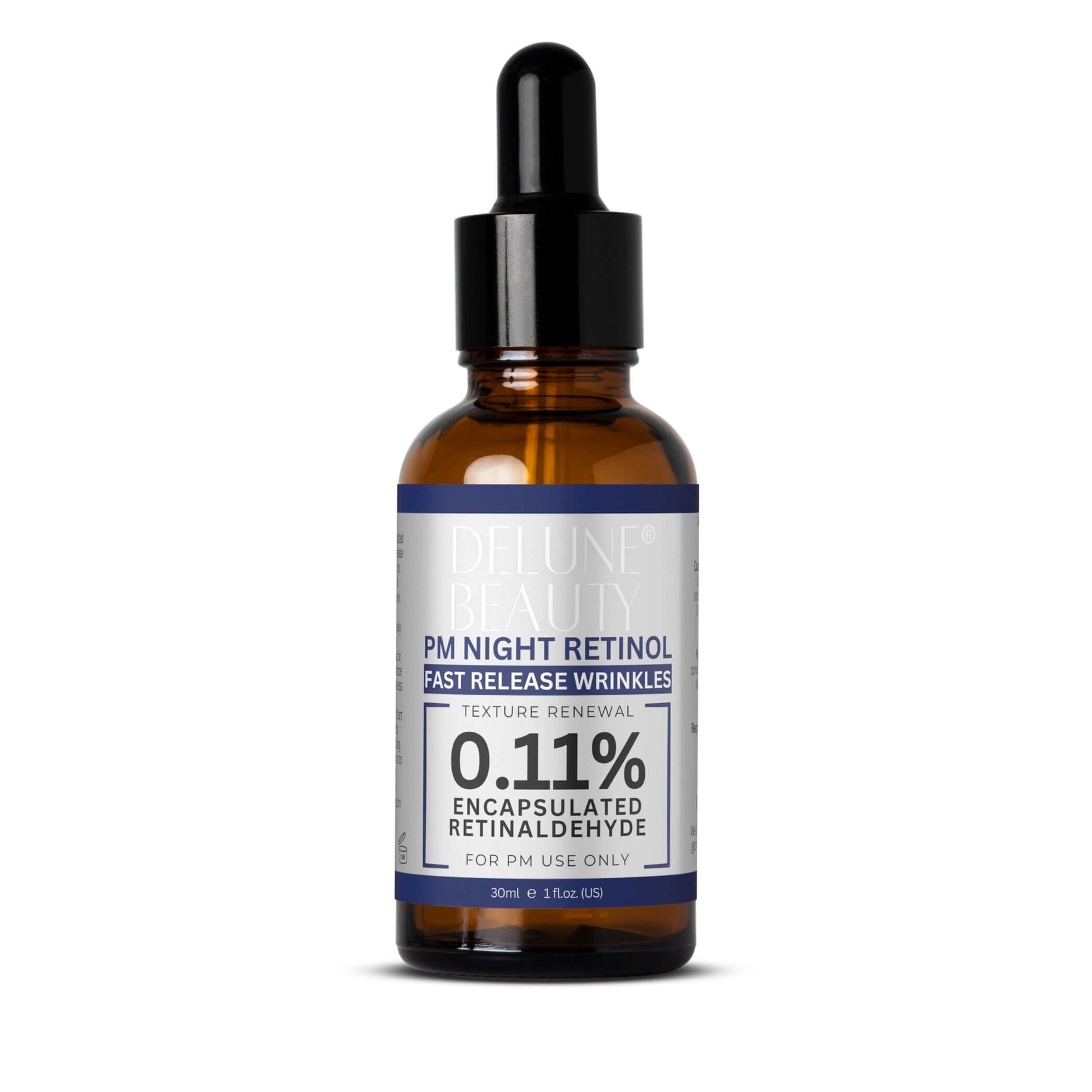 Delune PM Night Retinol Power Serum with 0.11% encapsulated retinaldehyde for wrinkle reduction and texture renewal.