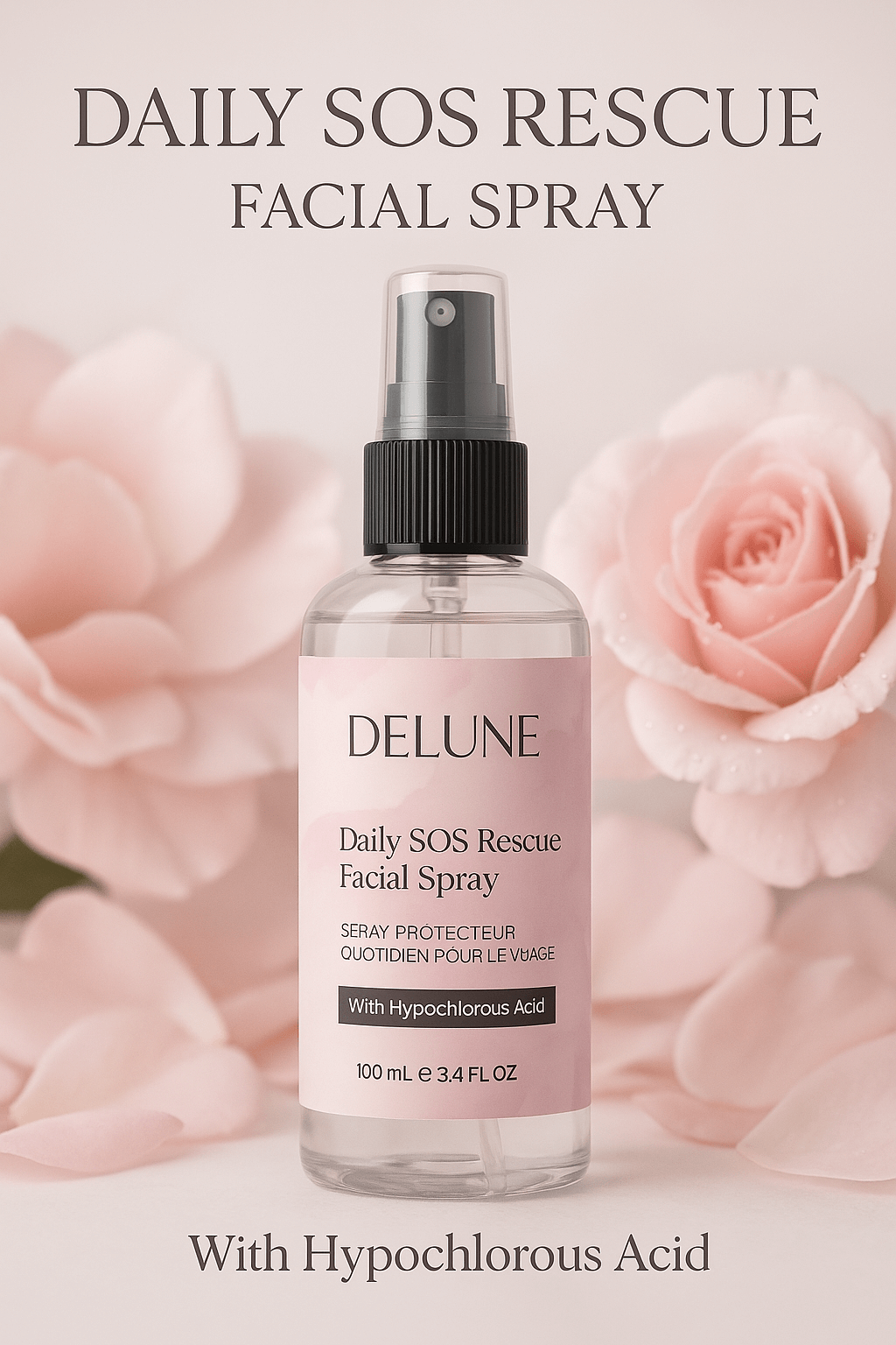 Daily SOS Rescue Facial Spray with hypochlorous acid, soothing and pH-balanced mist for skin protection, 100ml bottle.