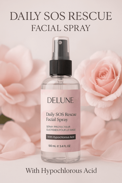 Daily SOS Rescue Facial Spray with hypochlorous acid, soothing and pH-balanced mist for skin protection, 100ml bottle.