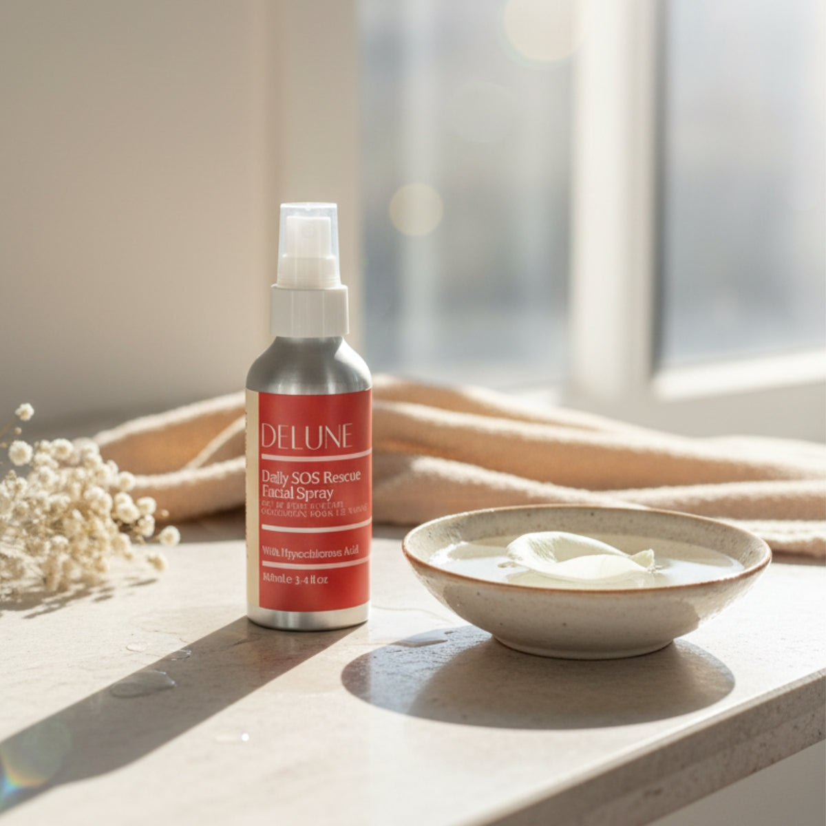 Delune Daily SOS Rescue Facial Spray on a sunlit bathroom shelf