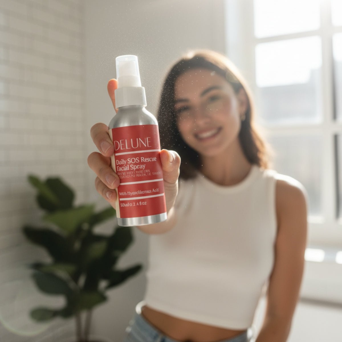 Woman misting Delune Daily SOS Rescue Hypochlorous Acid Facial Spray