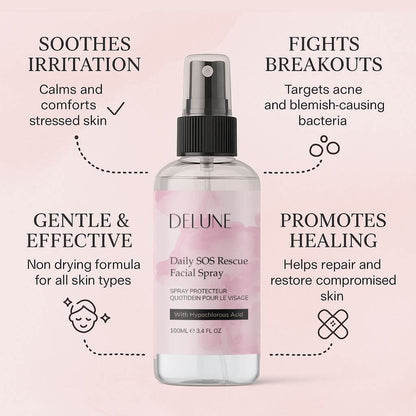 Daily SOS Rescue Facial Spray with hypochlorous acid for soothing, antibacterial skincare. Gentle, effective, pH-balanced mist. 100ml bottle.
