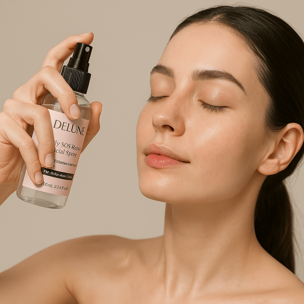 Woman applying Daily SOS Rescue Facial Spray, infused with hypochlorous acid for soothing and antibacterial skin care.