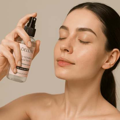 Woman applying Daily SOS Rescue Facial Spray, infused with hypochlorous acid for soothing and antibacterial skin care.