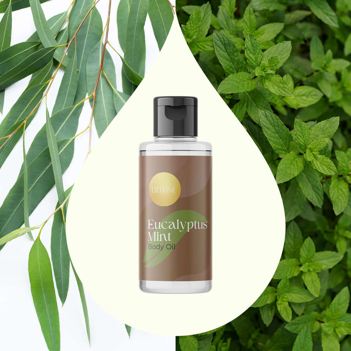 Delune Eucalyptus Mint Body Oil bottle for invigorating skin refreshment