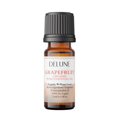 Grapefruit Organic Wellness Grade Essential Oil in amber bottle, 10ml. Refreshing citrus aroma for uplifting mood and vitality.