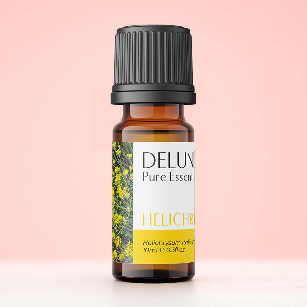 Helichrysum Immortelle Pure Essential Oil bottle, known for rejuvenating properties and soothing aroma, 10ml size on a soft background.
