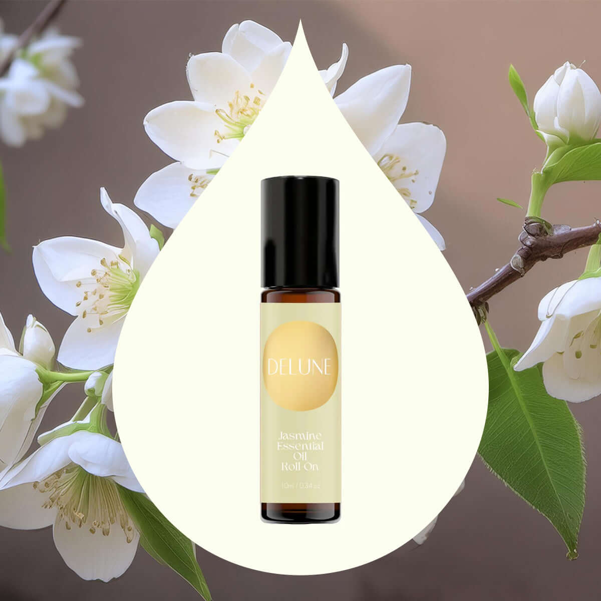 Delune Jasmine Essential Oil Roll-On in amber bottle with soothing floral aroma, mood-enhancing and playful scent, 10ml size.