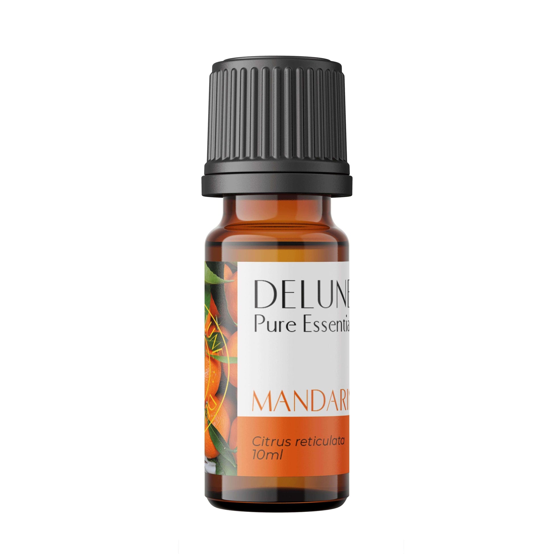 Mandarin Pure Essential Oil bottle with citrus scent, promoting relaxation and happiness. Ideal for aromatherapy and wellness.