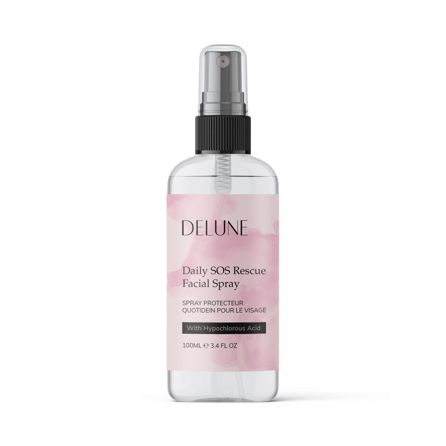 Bottle of Daily SOS Rescue Facial Spray with hypochlorous acid for soothing and antibacterial skincare, 100ml size.