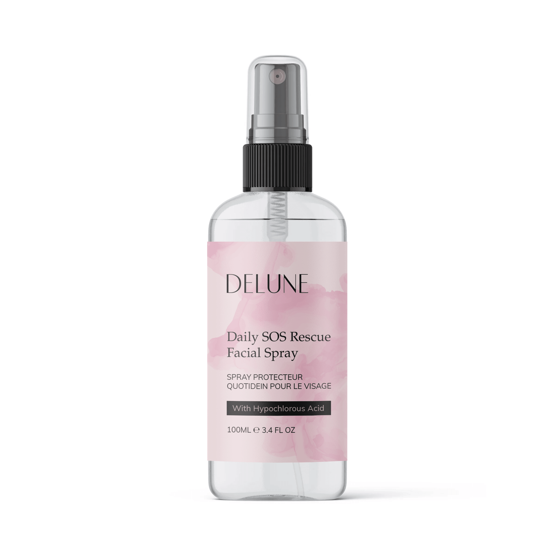 Bottle of Daily SOS Rescue Facial Spray with hypochlorous acid for soothing and antibacterial skincare, 100ml size.
