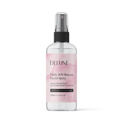 Bottle of Daily SOS Rescue Facial Spray with hypochlorous acid for soothing and antibacterial skincare, 100ml size.