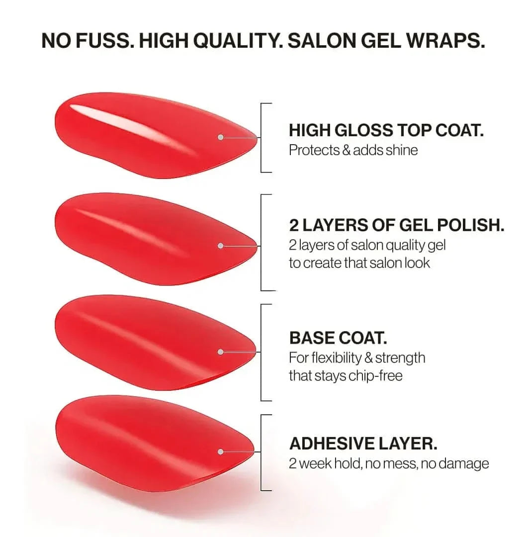 Tortoiseshell (Non-UV Nail Wraps): four-layer salon gel wrap with high-gloss top coat, two layers of gel polish, base coat and adhesive layer
