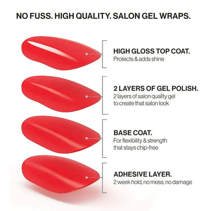 Noir (Non-UV Nail Wraps): four-layer salon gel wrap with high-gloss top coat, two layers of gel polish, base coat and adhesive layer