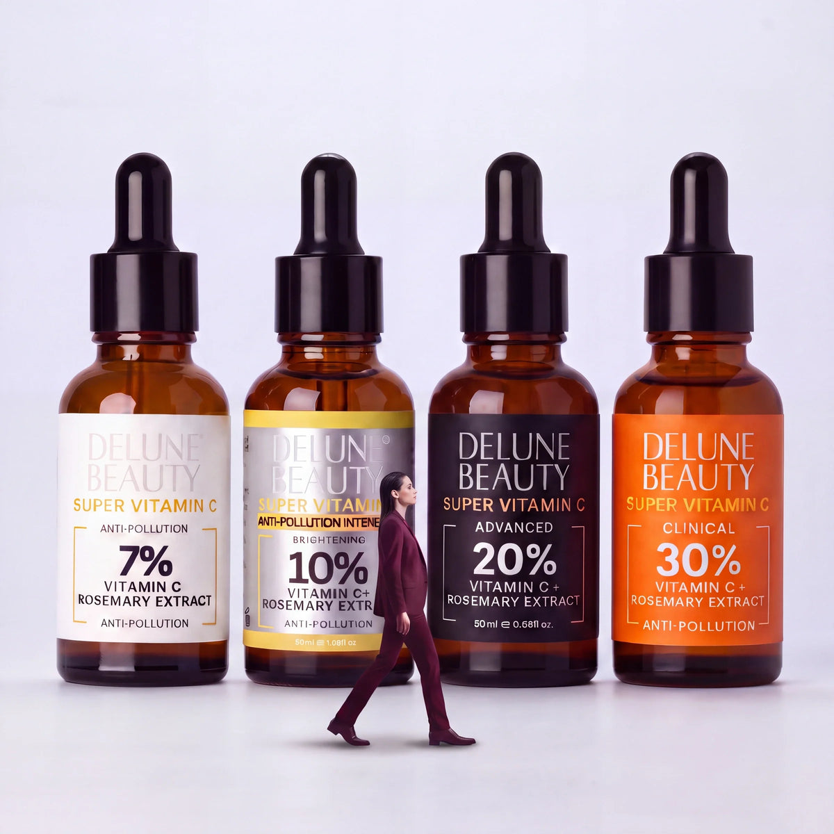 Transparency: a woman walks past giant Delune Super Vitamin C oils in 7%, 10%, 20% and 30% strengths