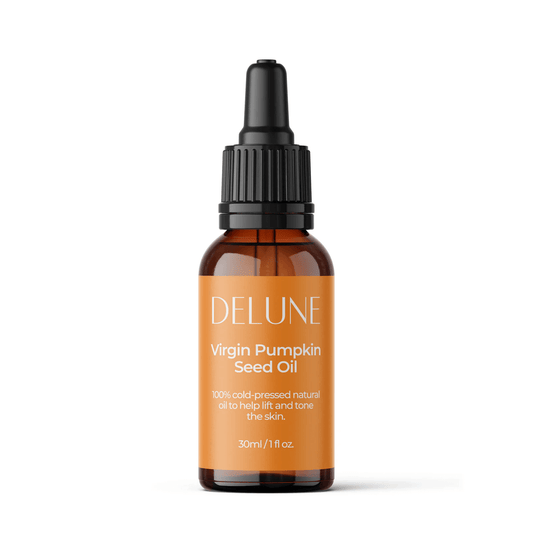 Virgin Pumpkin Seed Oil bottle by Delune - 100% cold-pressed, enhances radiant skin and luscious hair.