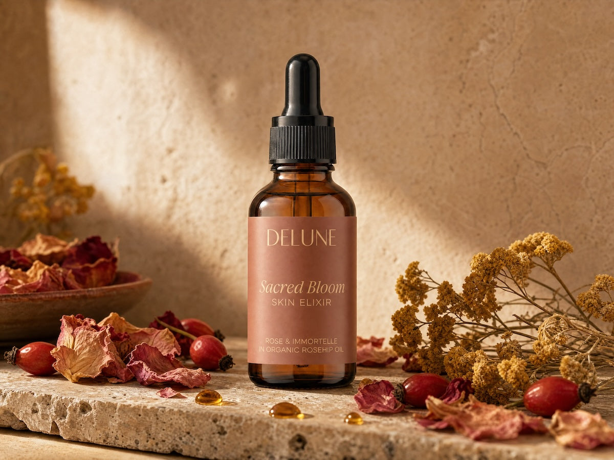 Sacred Bloom Skin Elixir with damask rose petals, immortelle flowers and rosehips